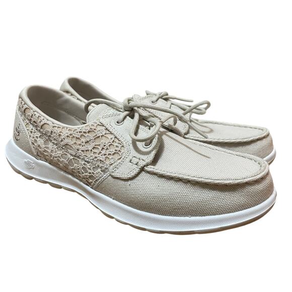 Skechers Women’s 9.5 Go Walk Lite Mira Beige Lace Up Lace Slip On Loafer Sneaker - Picture 1 of 8